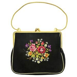 Vintage 1950s Black Embroidered Purse Floral Needlepoint Gold Frame Clutch Chain